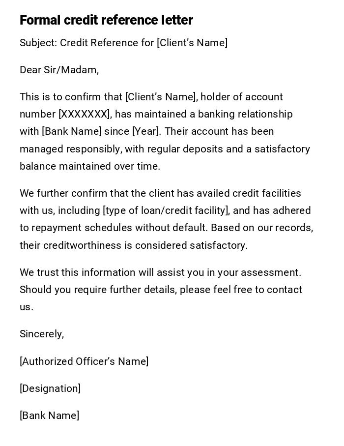 Formal credit reference letter