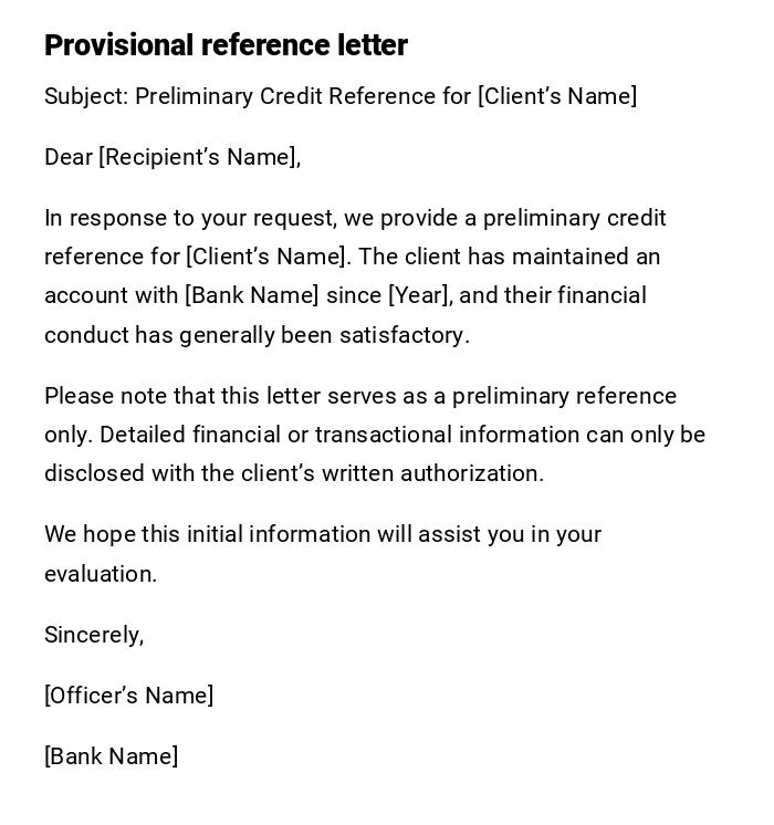 Provisional reference letter