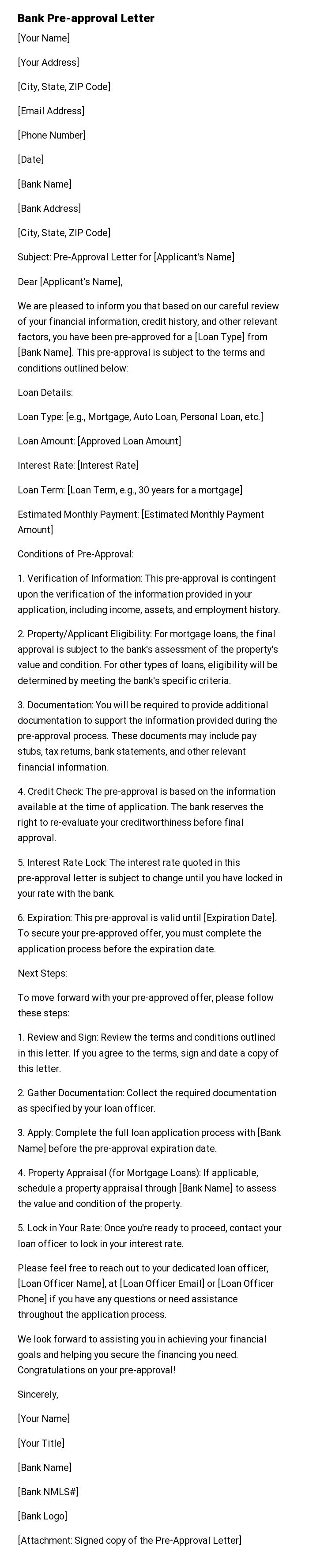 Bank Pre-approval Letter