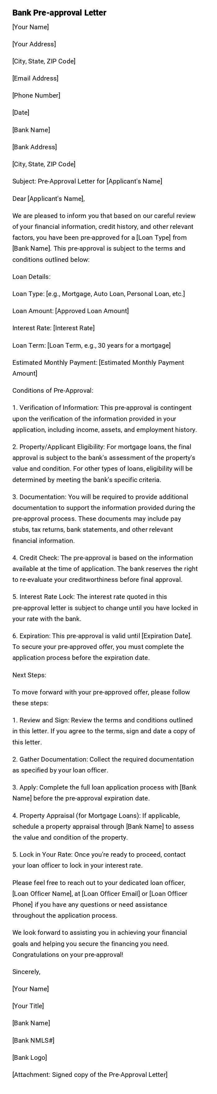 Bank Pre-approval Letter