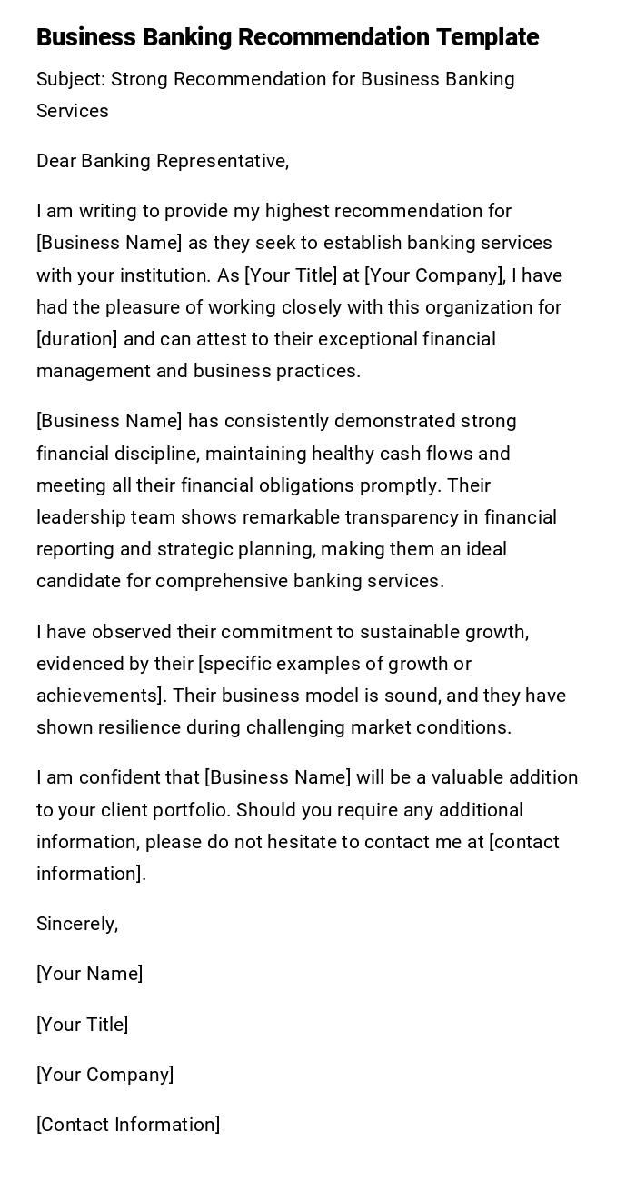 Business Banking Recommendation Template