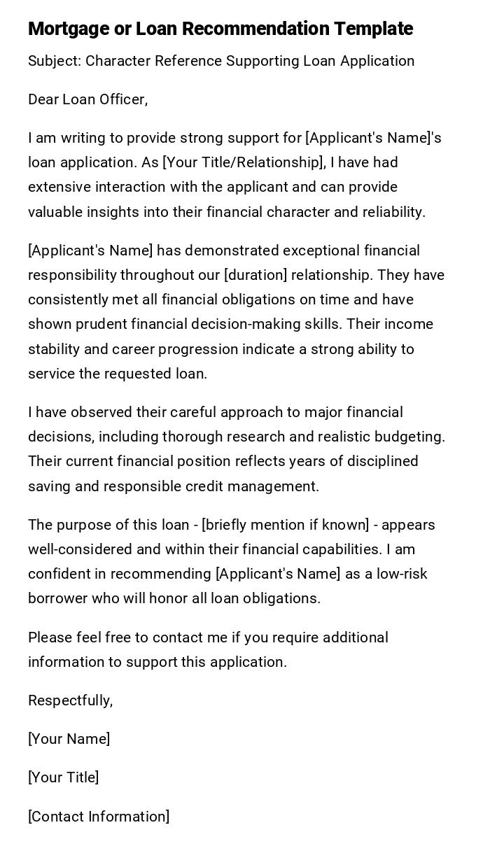 Mortgage or Loan Recommendation Template