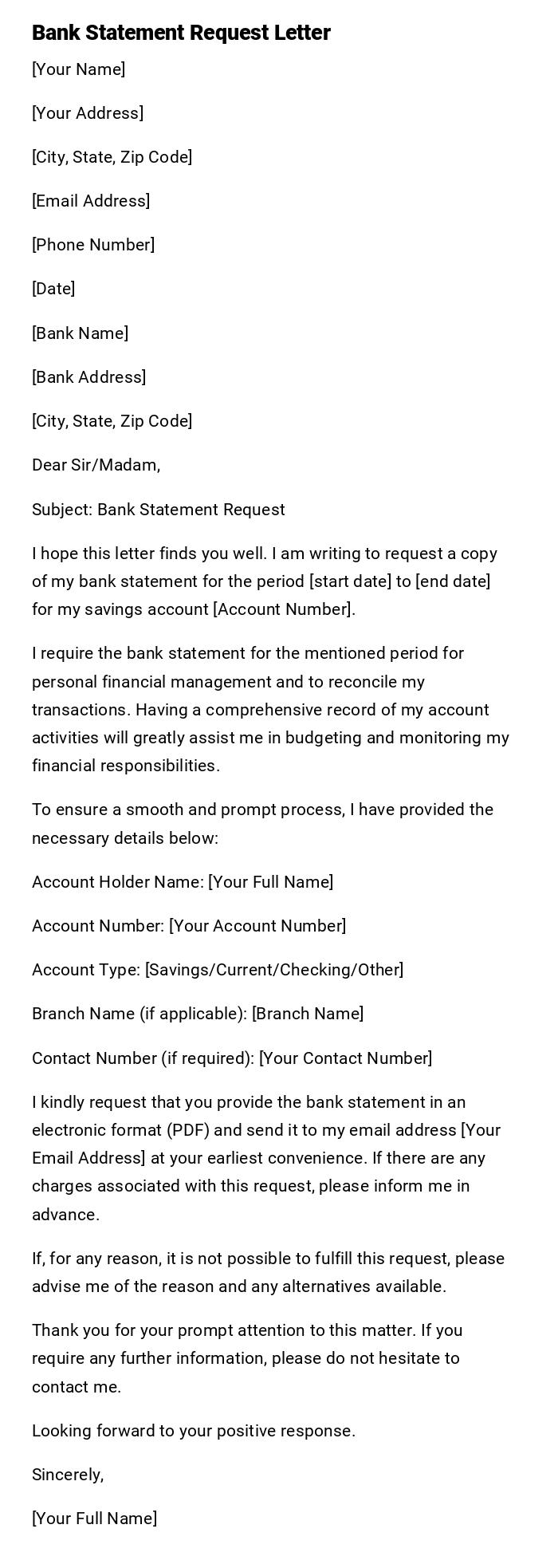 Bank Statement Request Letter