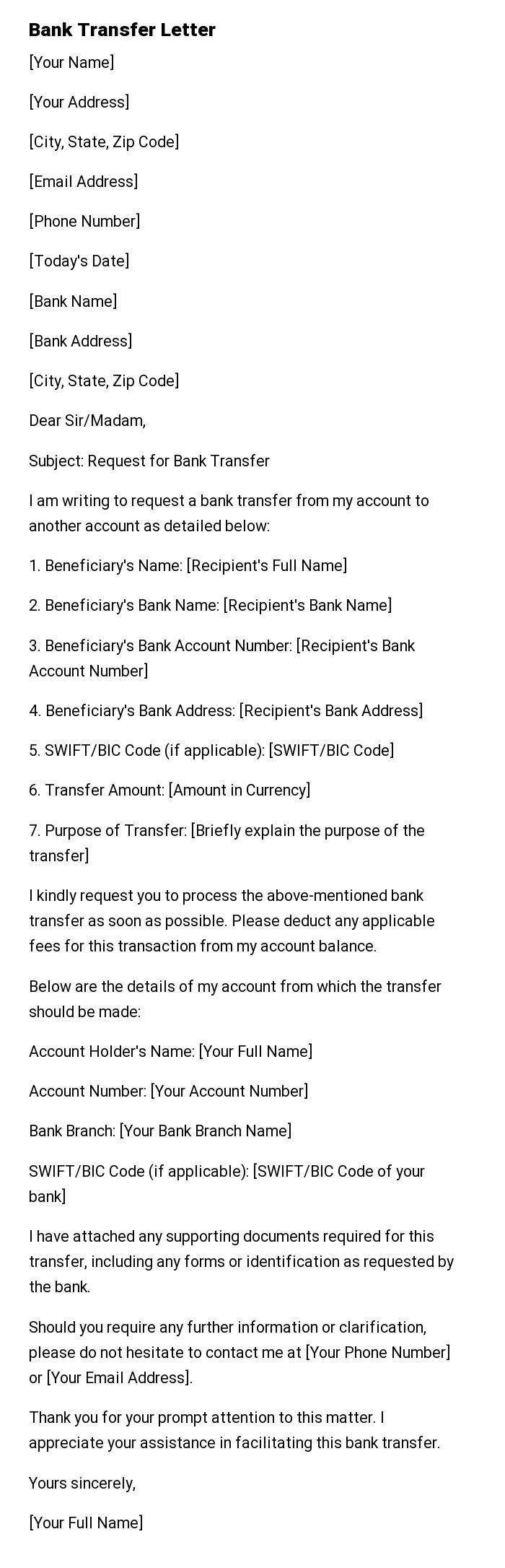Bank Transfer Letter