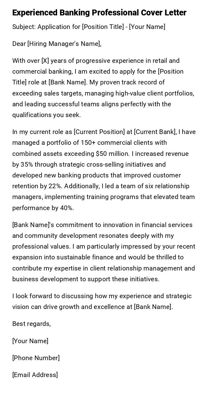 Experienced Banking Professional Cover Letter Experienced Banking Professional Cover Letter