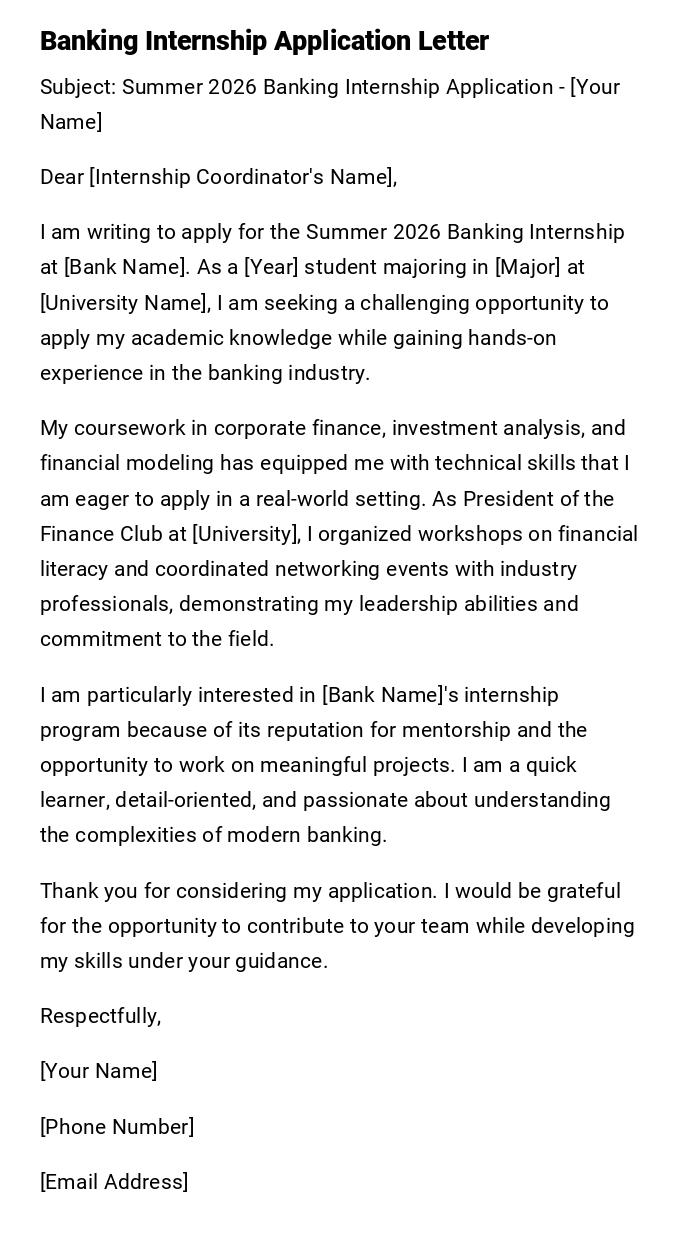 Banking Internship Application Letter Banking Internship Application Letter