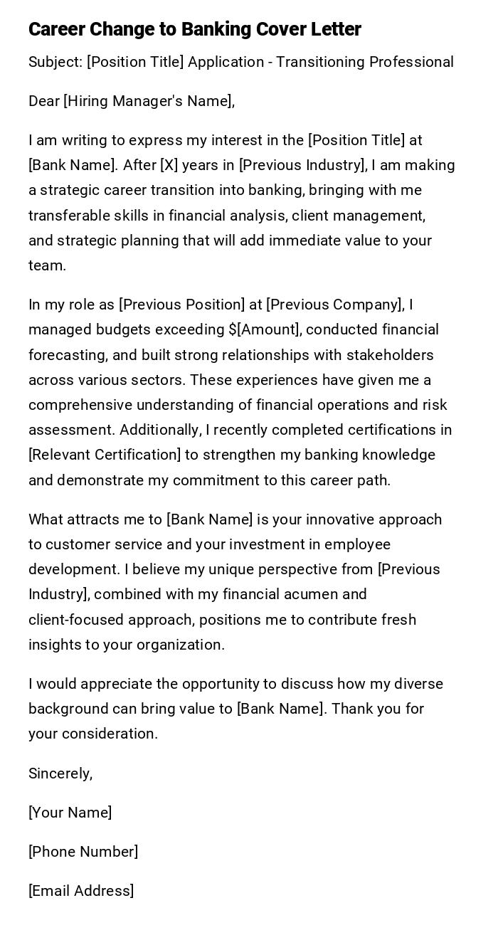 Career Change to Banking Cover Letter Career Change to Banking Cover Letter