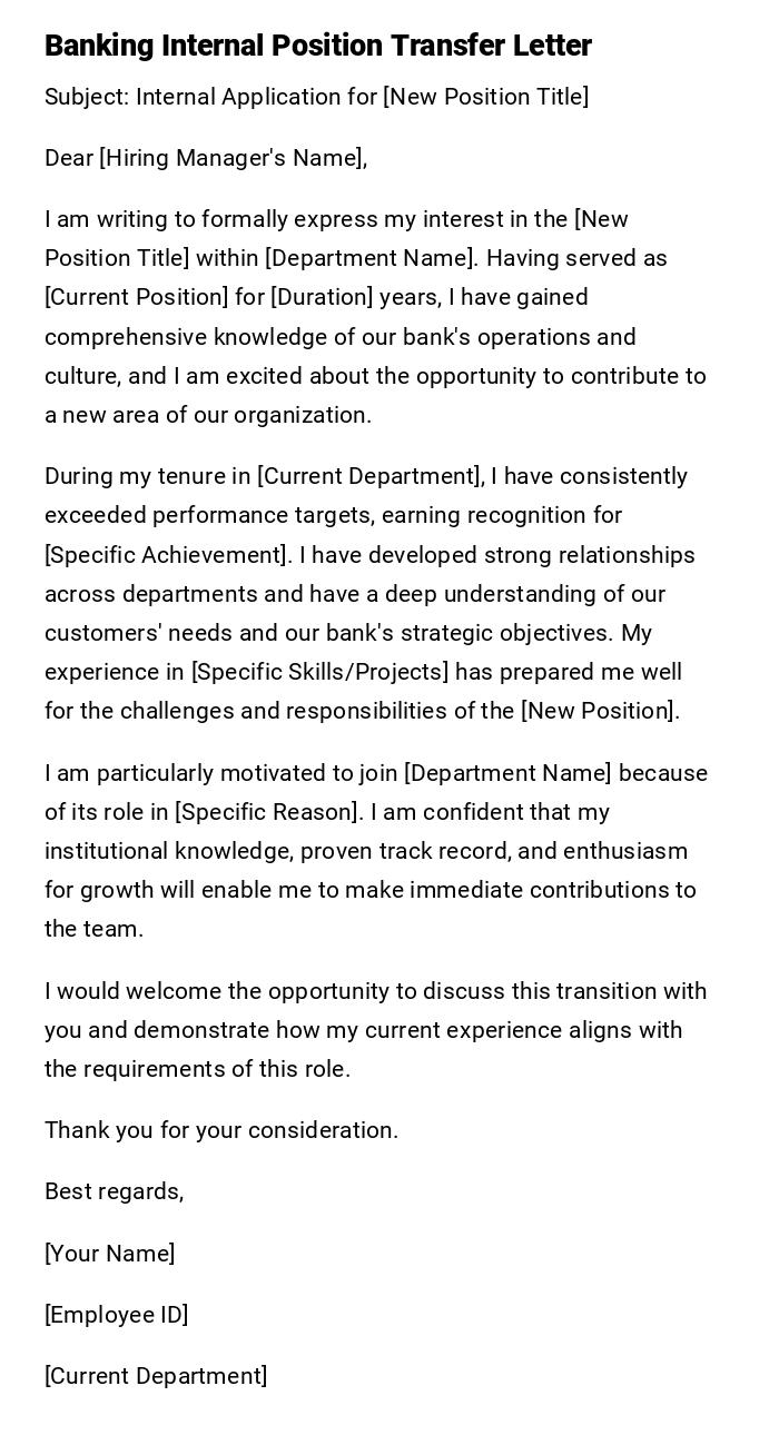 Banking Internal Position Transfer Letter Banking Internal Position Transfer Letter