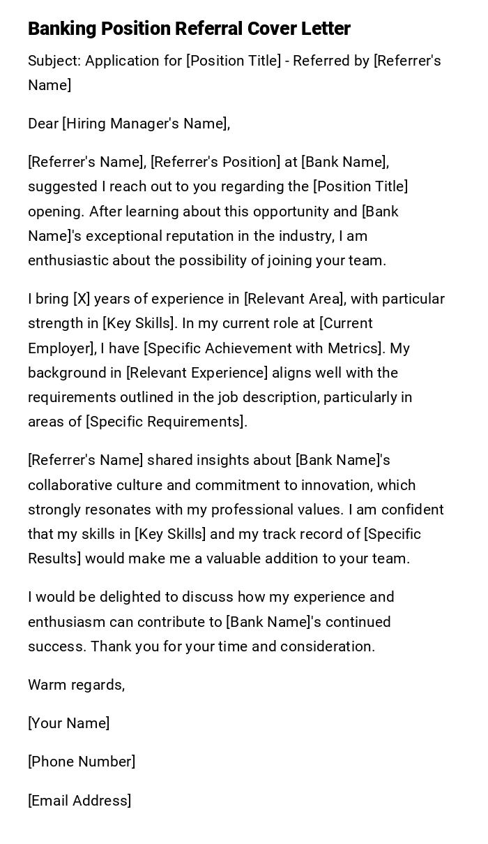 Banking Position Referral Cover Letter Banking Position Referral Cover Letter