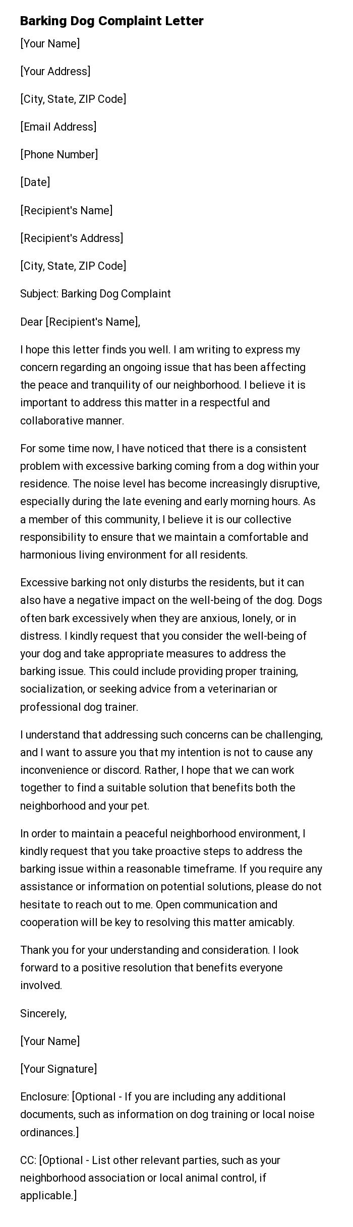 Barking Dog Complaint Letter