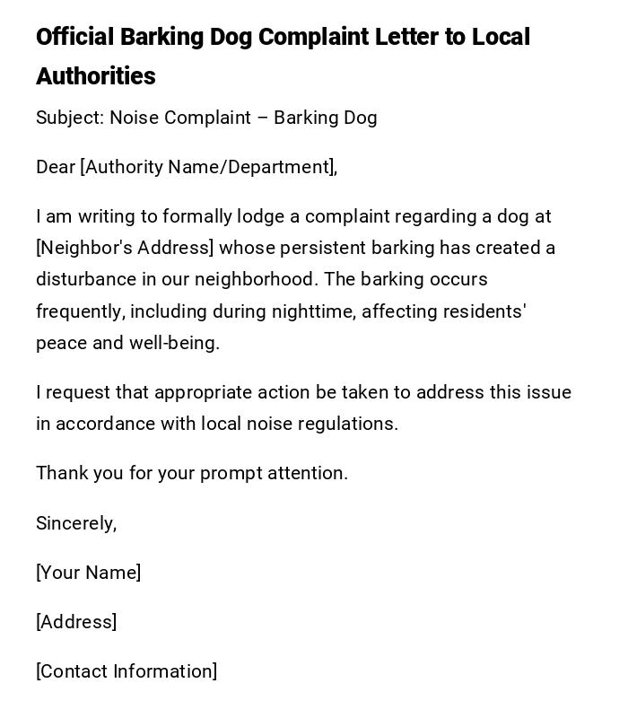 Official Barking Dog Complaint Letter to Local Authorities Official Barking Dog Complaint Letter to Local Authorities