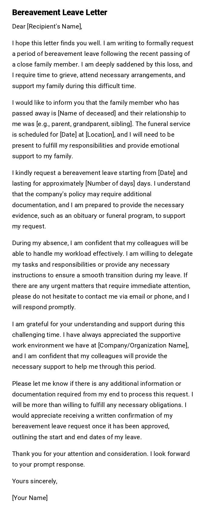 Bereavement Leave Letter