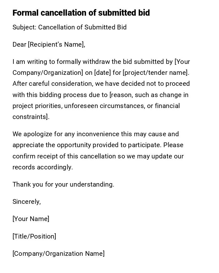 Formal cancellation of submitted bid