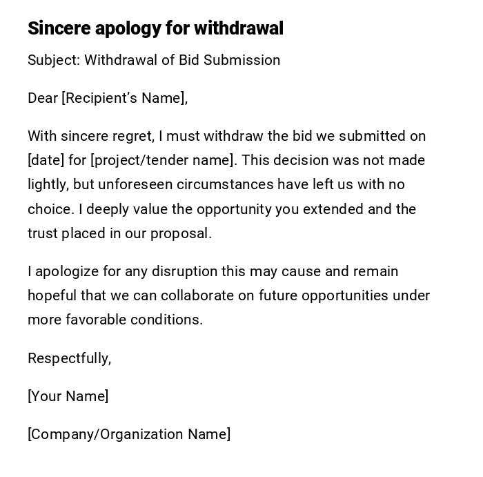 Sincere apology for withdrawal