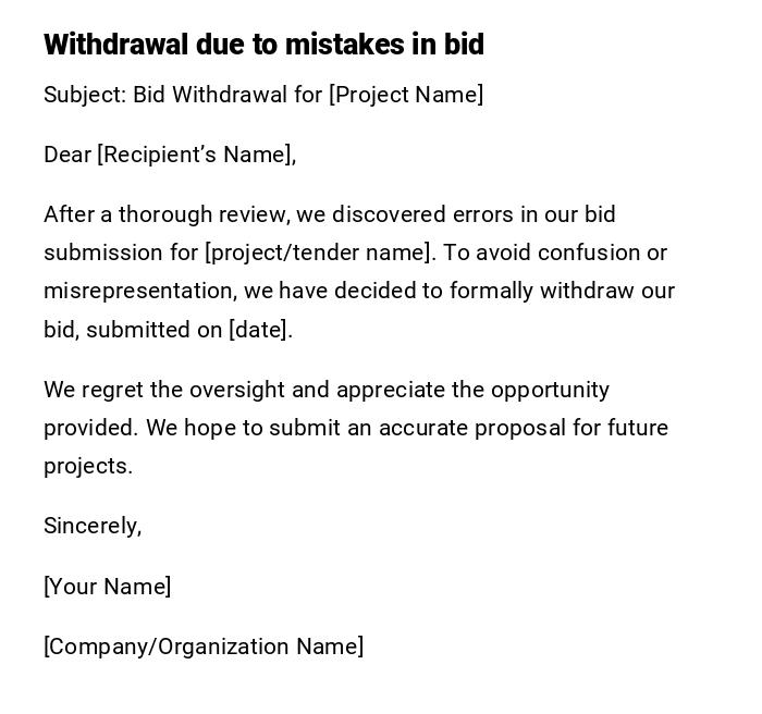 Withdrawal due to mistakes in bid