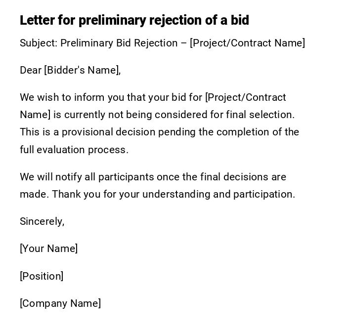 Letter for preliminary rejection of a bid Letter for preliminary rejection of a bid