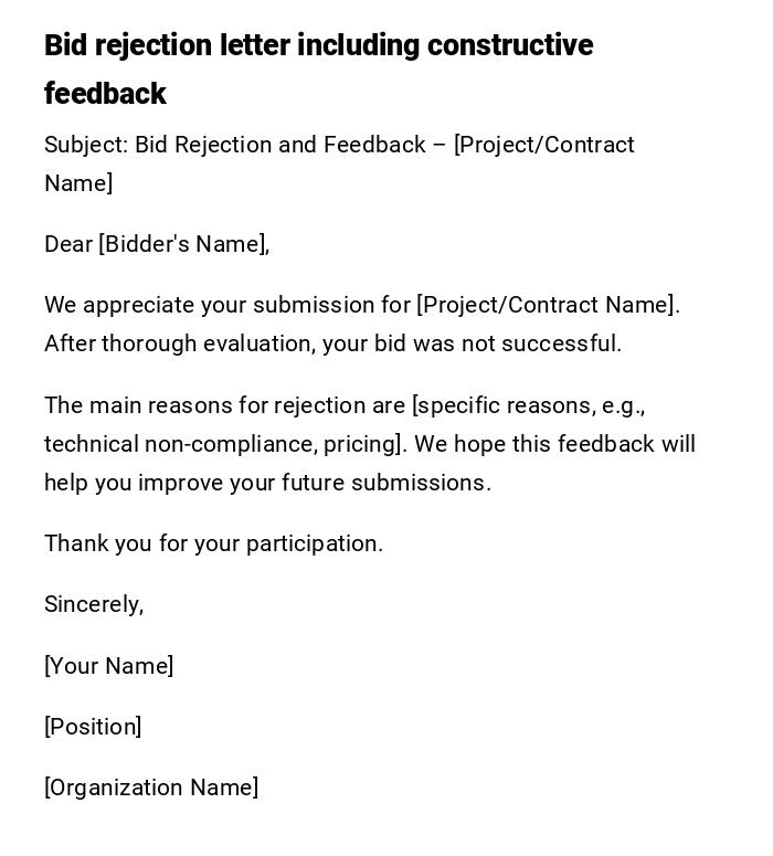 Bid rejection letter including constructive feedback Bid rejection letter including constructive feedback