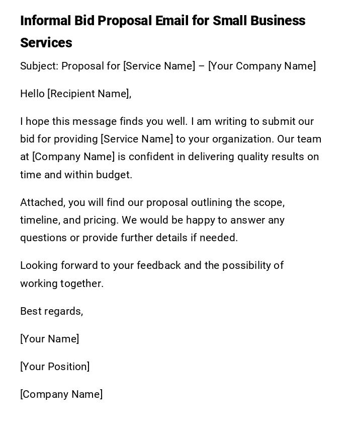 Informal Bid Proposal Email for Small Business Services