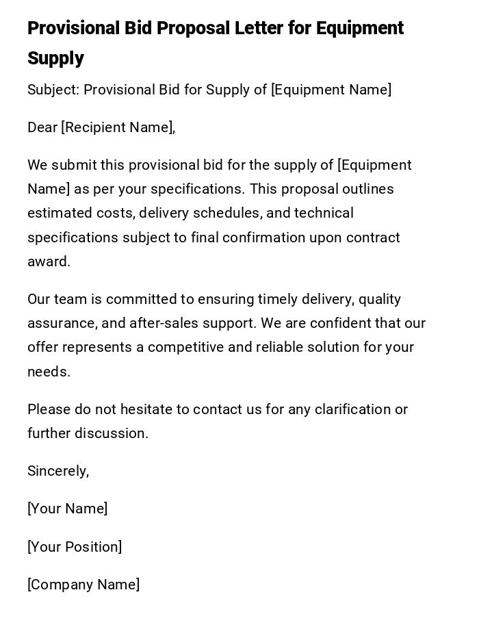 Provisional Bid Proposal Letter for Equipment Supply