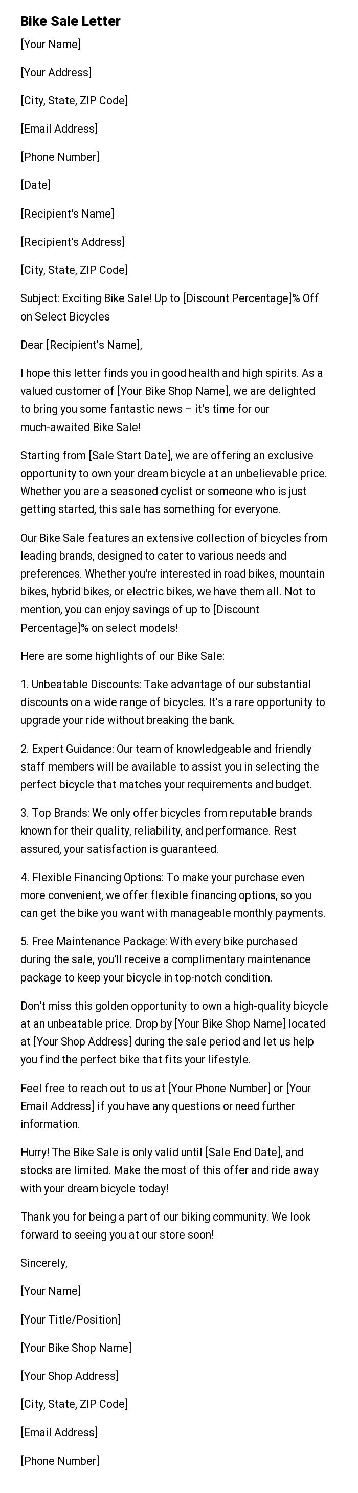 Bike Sale Letter
