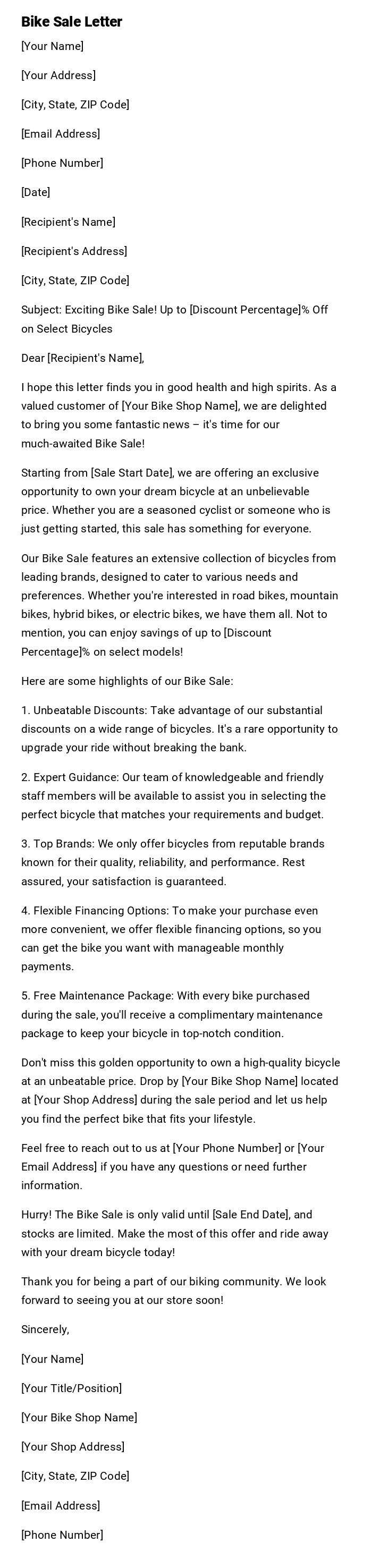 Bike Sale Letter