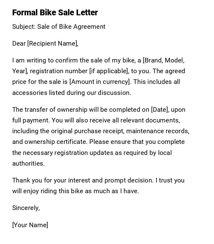 Formal Bike Sale Letter Formal Bike Sale Letter