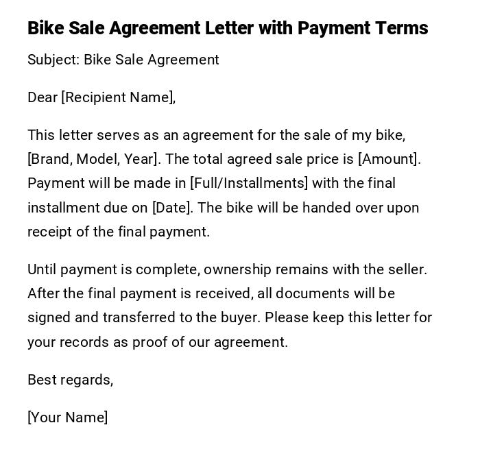 Bike Sale Agreement Letter with Payment Terms Bike Sale Agreement Letter with Payment Terms