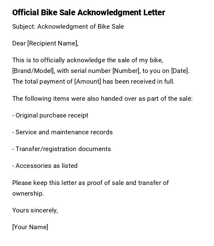 Official Bike Sale Acknowledgment Letter Official Bike Sale Acknowledgment Letter