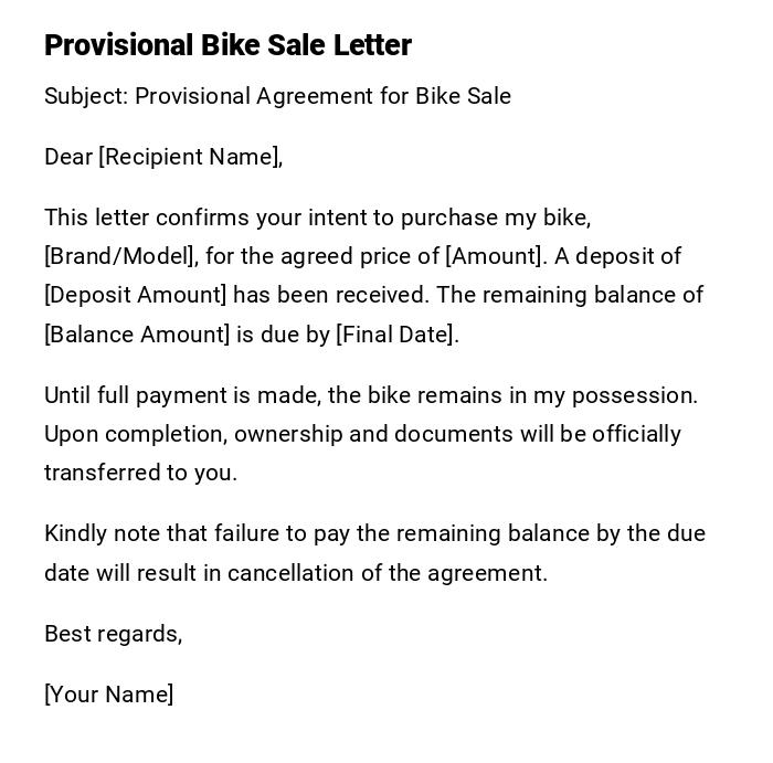 Provisional Bike Sale Letter Provisional Bike Sale Letter