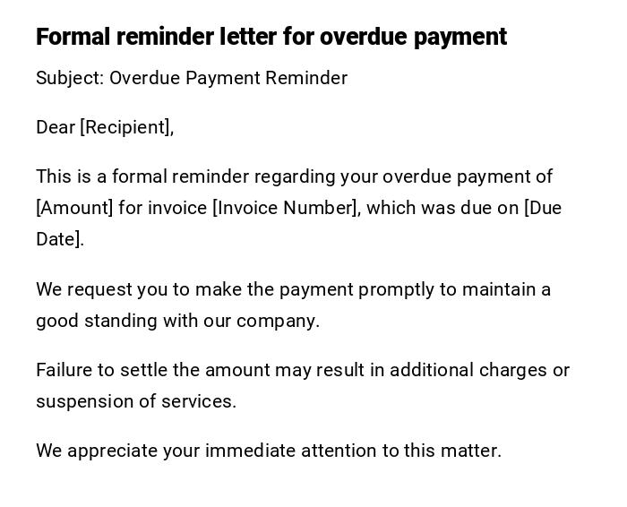 Formal reminder letter for overdue payment