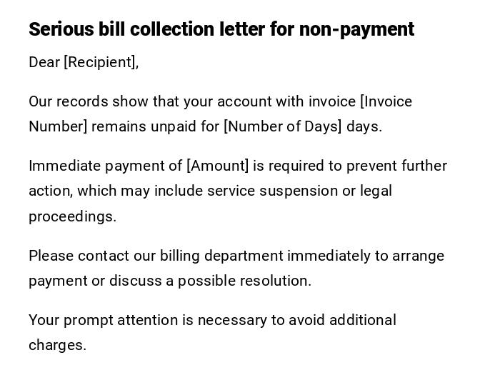 Serious bill collection letter for non-payment