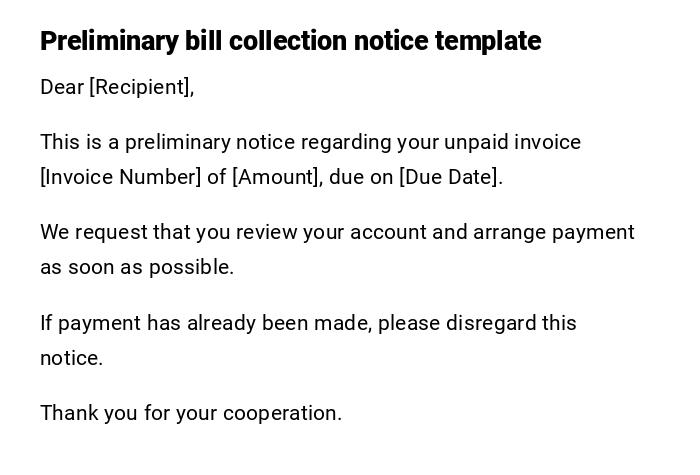 Preliminary bill collection notice template