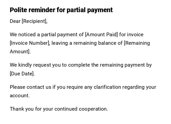 Polite reminder for partial payment