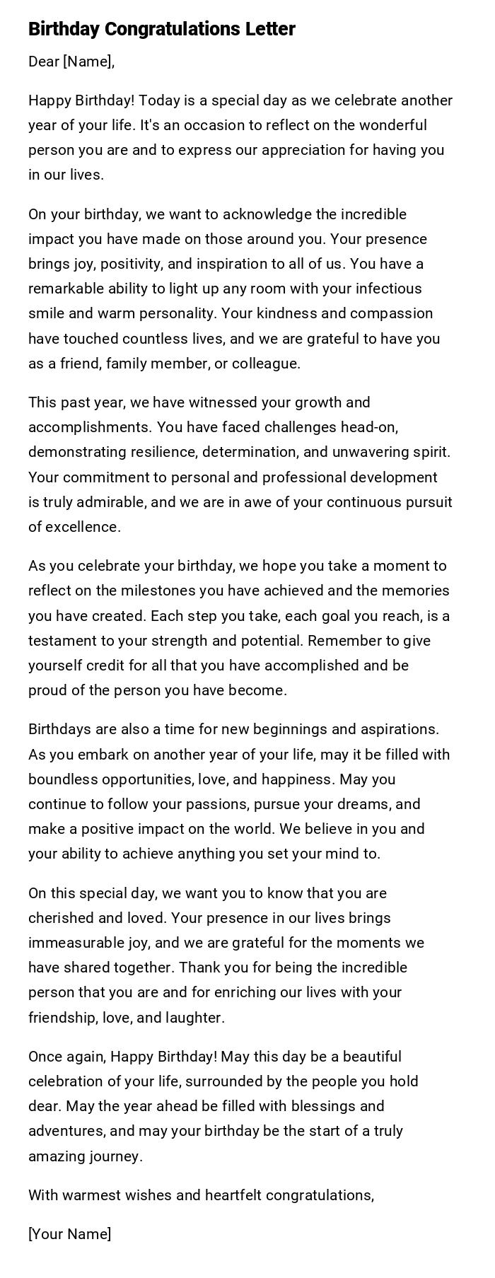 Birthday Congratulations Letter