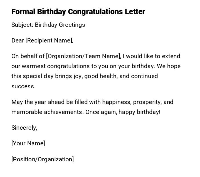 Formal Birthday Congratulations Letter