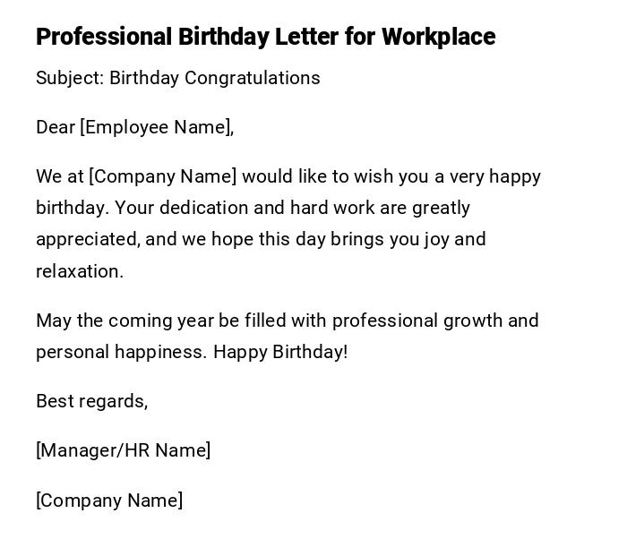 Professional Birthday Letter for Workplace