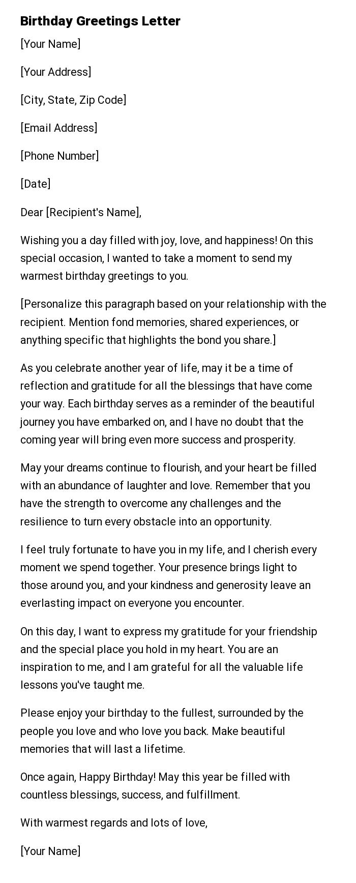 Birthday Greetings Letter