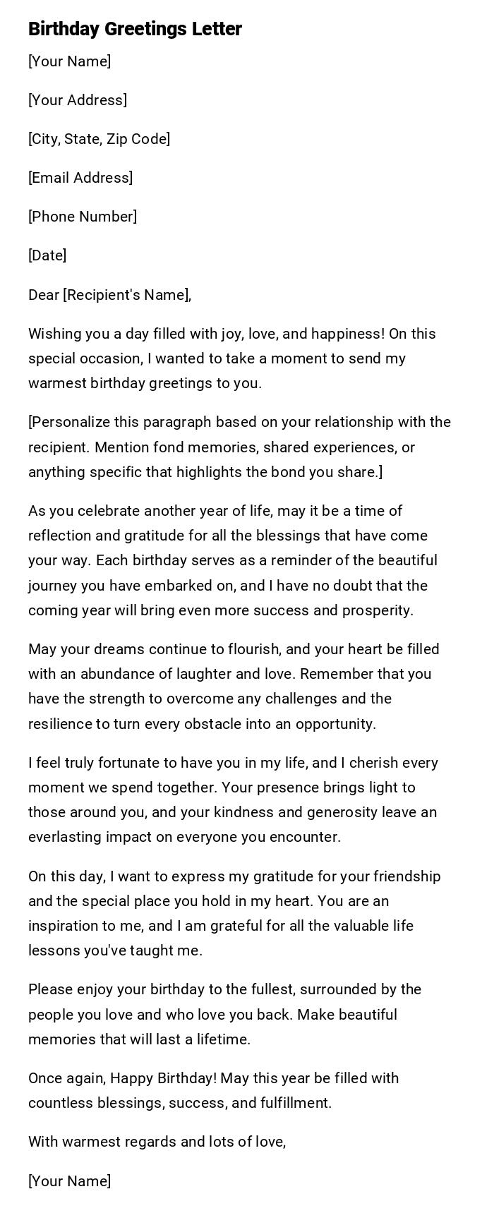 Birthday Greetings Letter