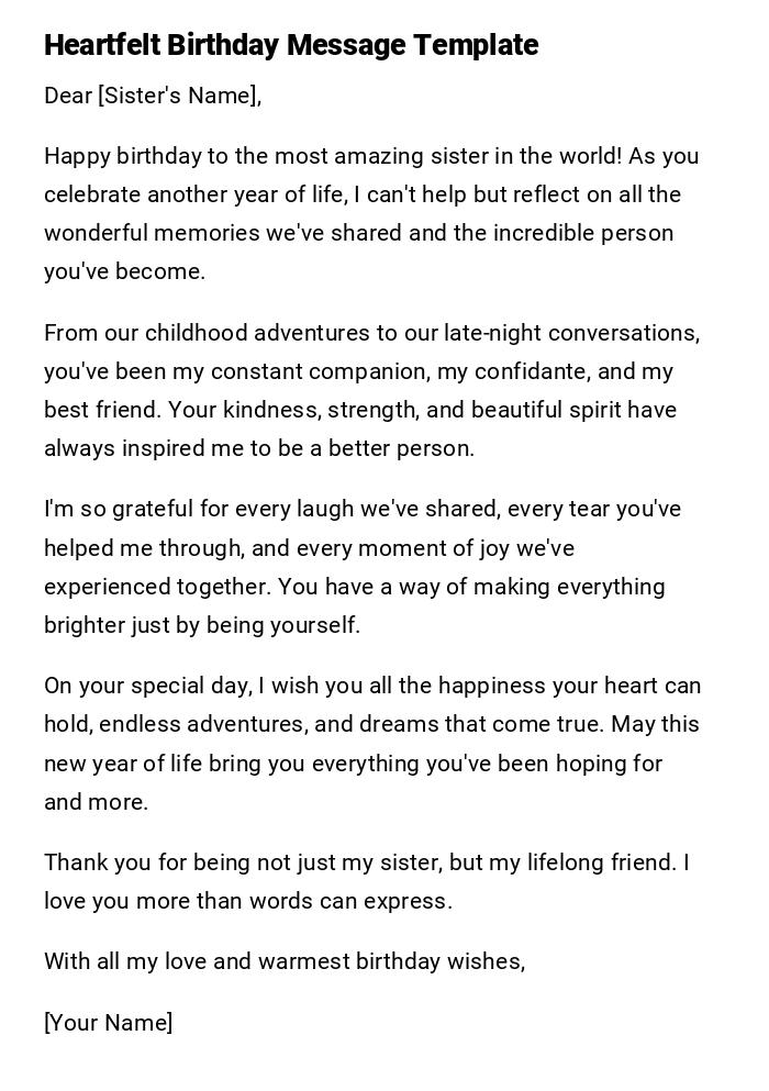 Heartfelt Birthday Message Template