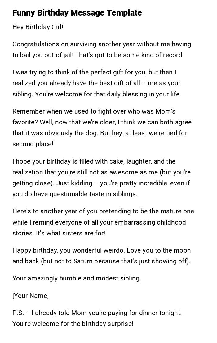 Funny Birthday Message Template