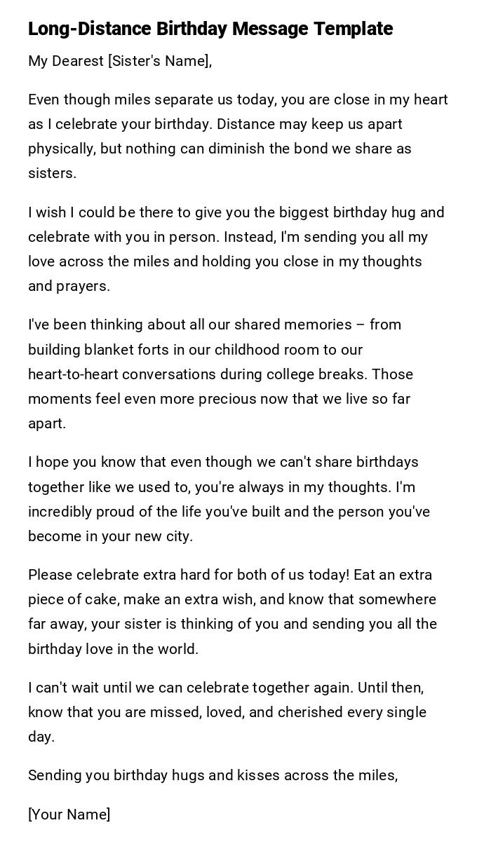 Long-Distance Birthday Message Template