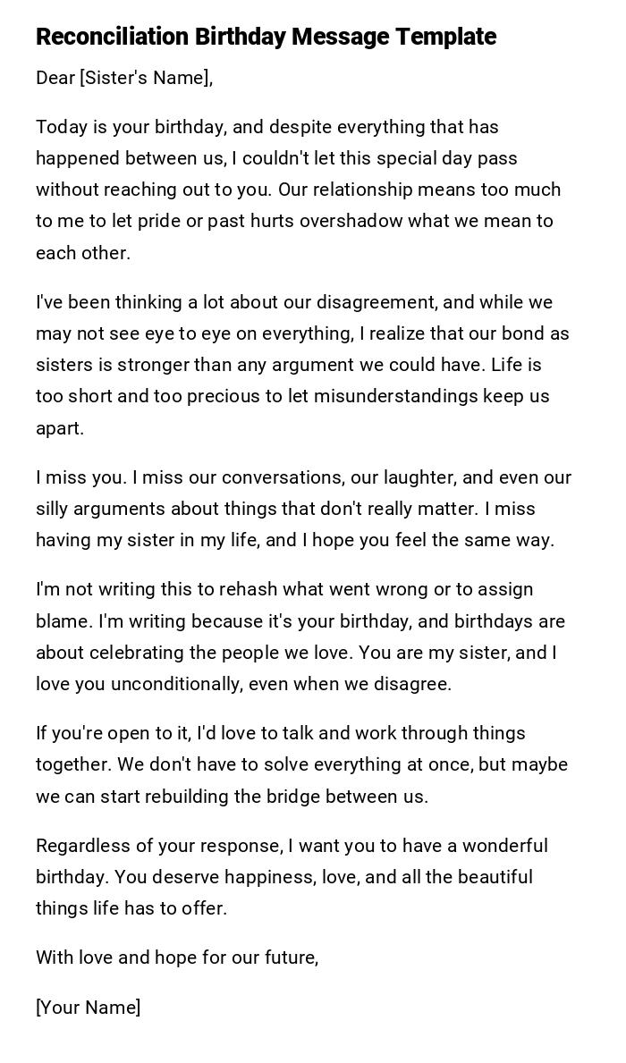 Reconciliation Birthday Message Template