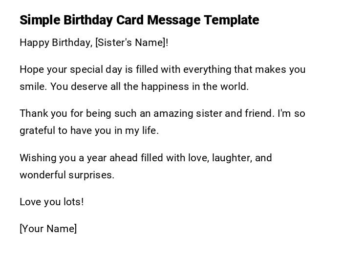 Simple Birthday Card Message Template