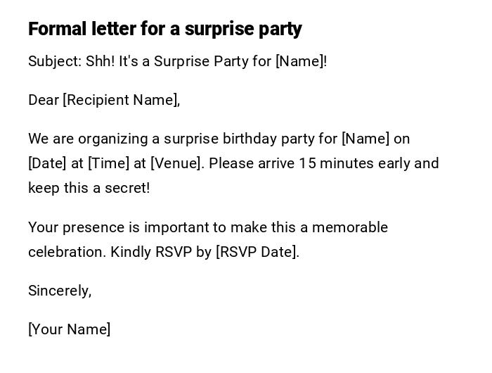 Formal letter for a surprise party