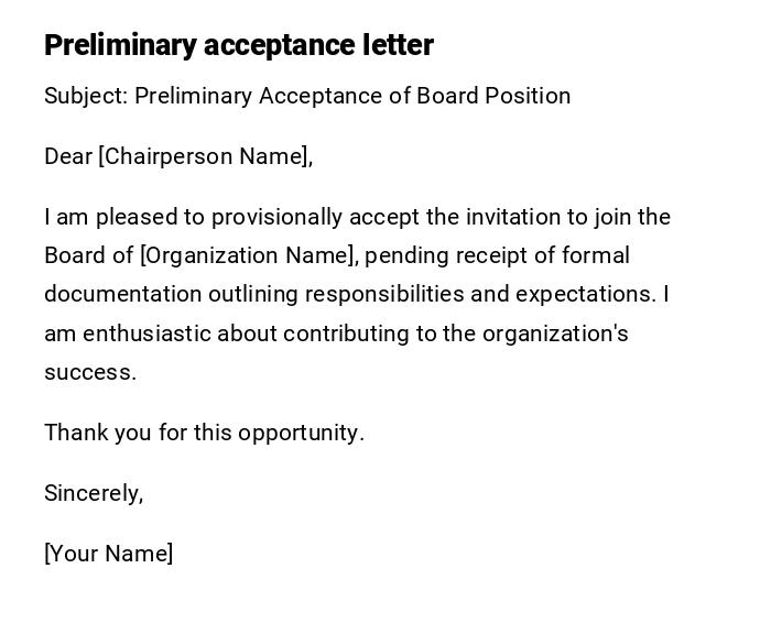 Preliminary acceptance letter Preliminary acceptance letter