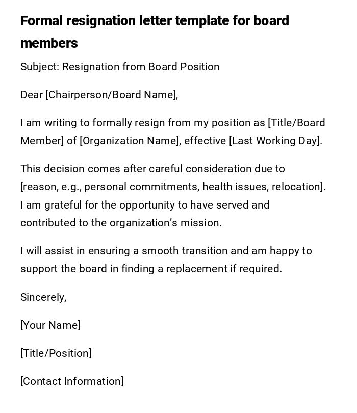Formal resignation letter template for board members Formal resignation letter template for board members