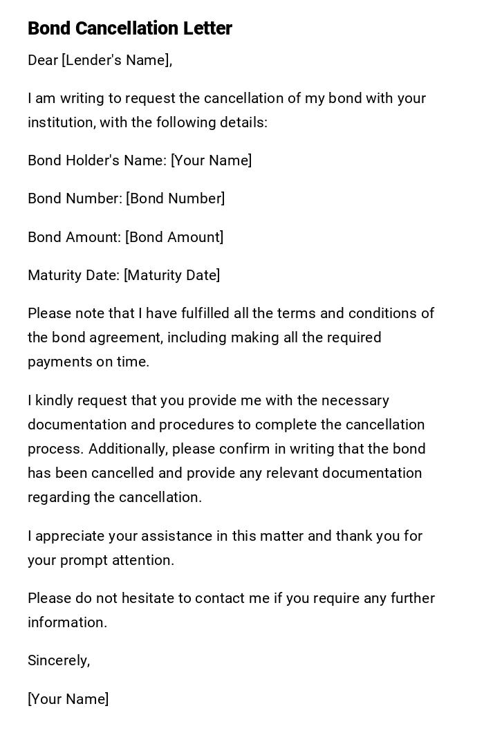 Bond Cancellation Letter Bond Cancellation Letter
