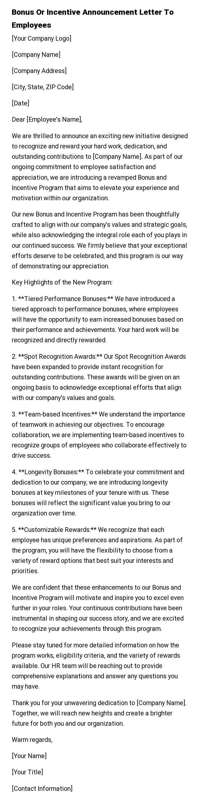 Bonus Or Incentive Announcement Letter To Employees