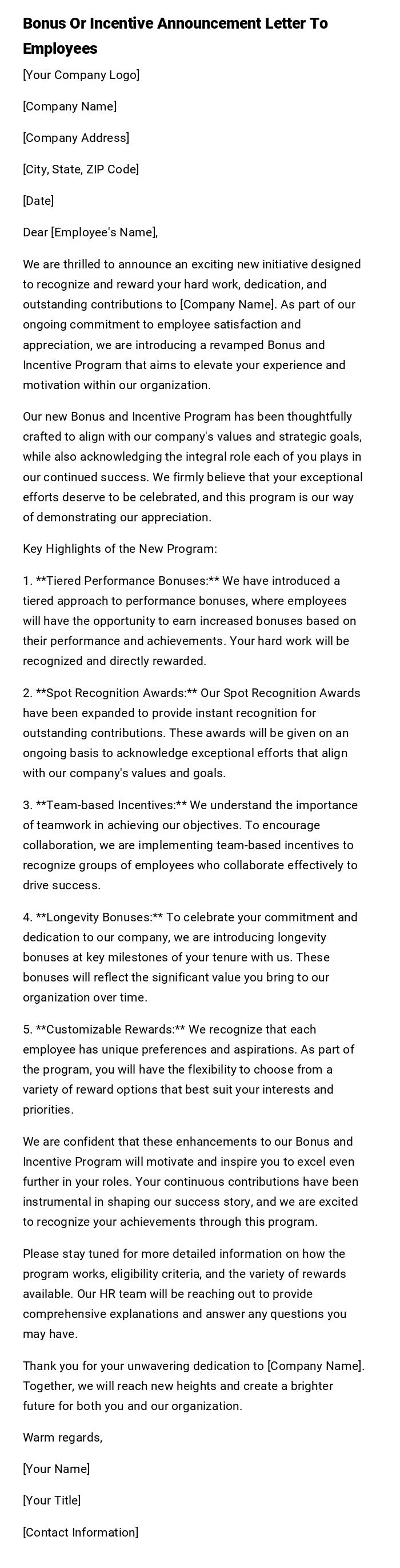 Bonus Or Incentive Announcement Letter To Employees