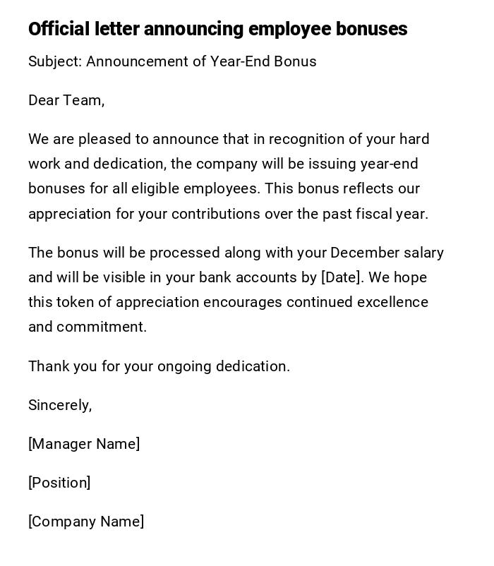 Official letter announcing employee bonuses Official letter announcing employee bonuses
